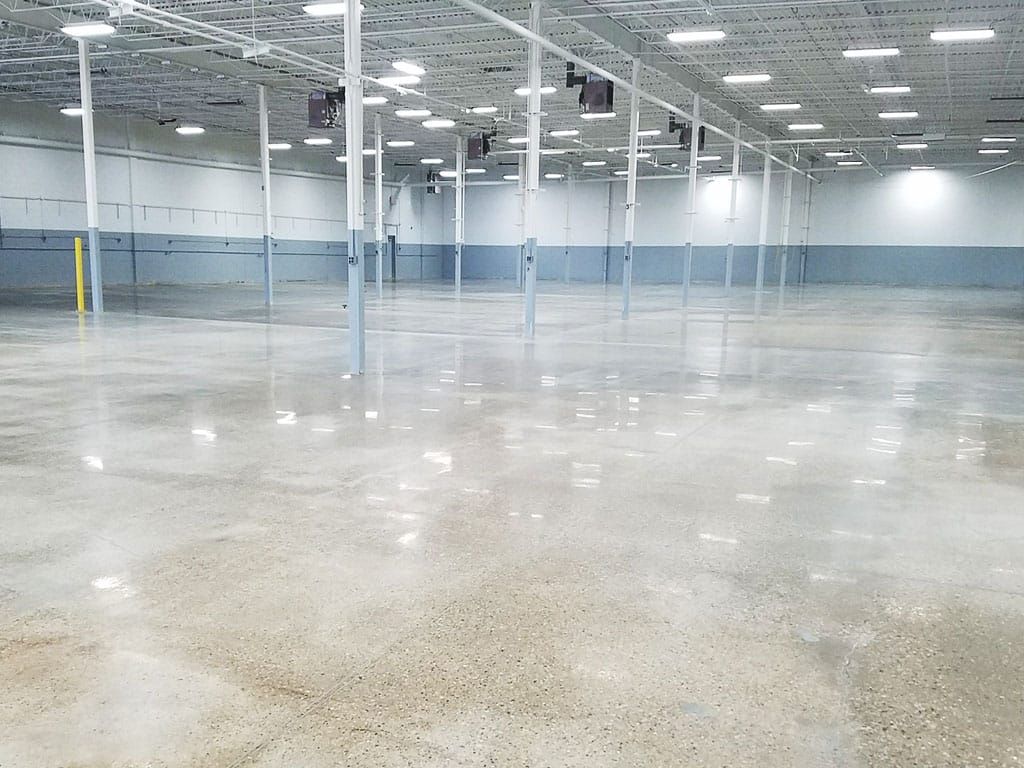 Empty industrial warehouse with polished concrete floor and rows of white support columns