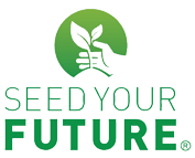 the logo for seed your future shows a hand holding a plant .