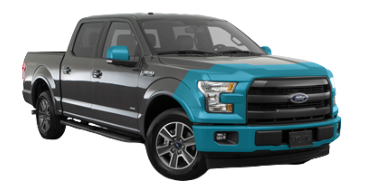 A gray ford f150 truck with a blue hood protector on a white background.