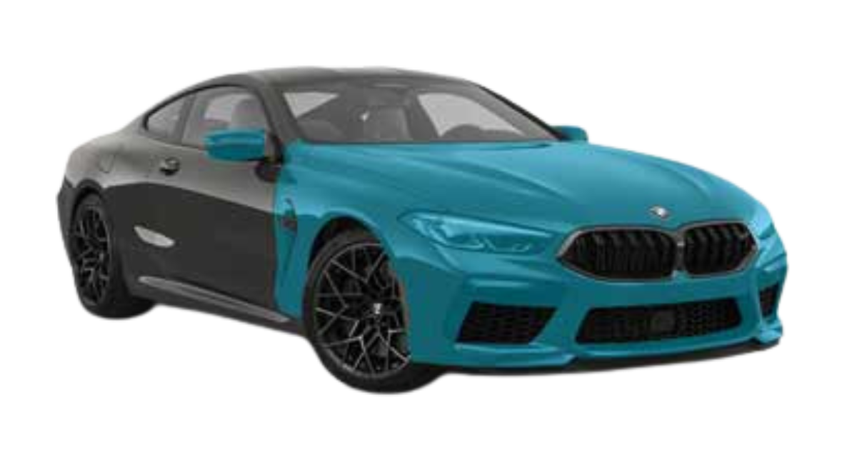 A blue and black bmw m8 is shown on a white background.