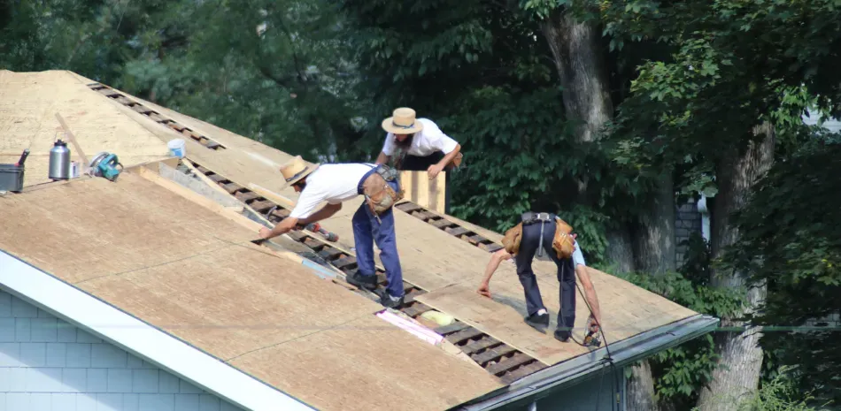 Three men in straw hats working on a roof. They are installing shingles. Green trees in the background.