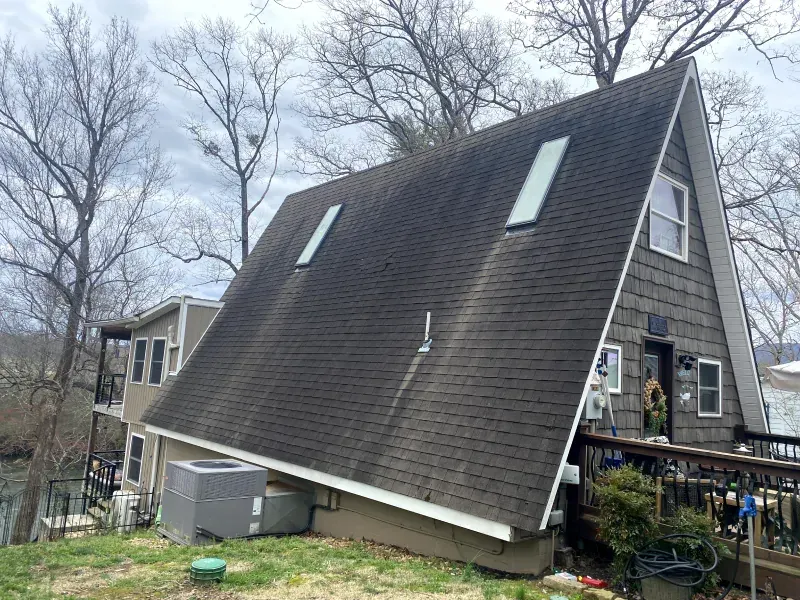 A-frame house with a gray roof and two skylights, located near trees and a body of water.