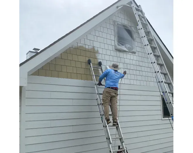 A person painting a house exterior from a ladder; beige and white siding, cloudy sky.