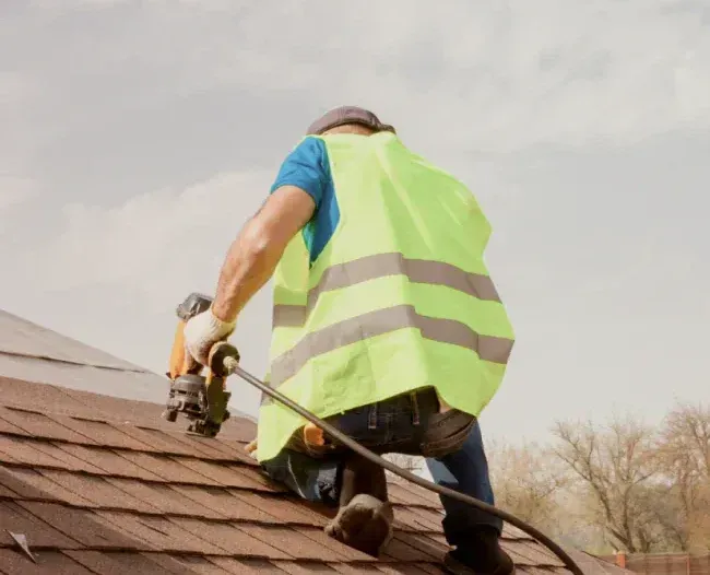 Roofer, wearing safety vest, uses nail gun on shingle roof. Cloudy sky background.