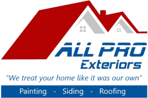 Logo for All Pro Exteriors: red roof illustration with blue text, services include painting, siding, and roofing.