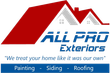 Logo for All Pro Exteriors: red roof, blue text, slogan "We treat your home like it was our own" with painting, siding, and roofing services.