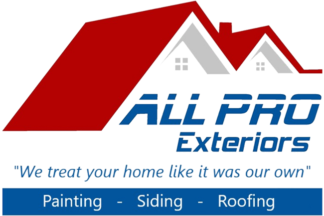 Logo for All Pro Exteriors: red roof, blue text, slogan "We treat your home like it was our own" with painting, siding, and roofing services.