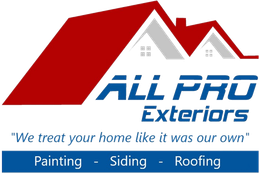 Logo for All Pro Exteriors: red roof, blue text, slogan "We treat your home like it was our own" with painting, siding, and roofing services.