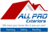 Logo for All Pro Exteriors: red roof, blue text, slogan "We treat your home like it was our own" with painting, siding, and roofing services.