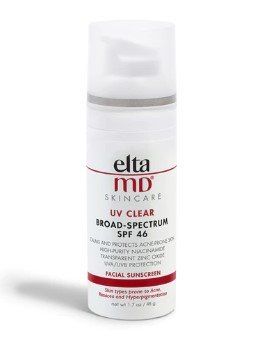 A white, cylindrical pump bottle of EltaMD UV Clear broad-spectrum SPF 46 facial sunscreen on a white background.