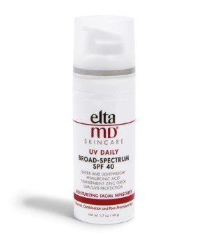 A white bottle of EltaMD UV Daily broad-spectrum SPF 40 moisturizing facial sunscreen with a clear cap.