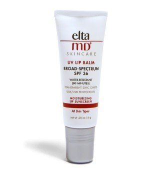 A white tube of EltaMD UV Lip Balm with SPF 36, featuring red text on a plain white background.