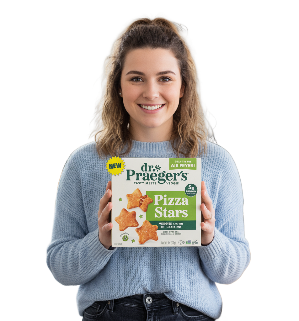 Young woman holding box of Dr. Praeger's product