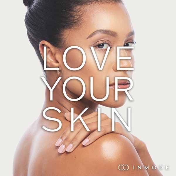 A picture of a woman with the words love your skin on it