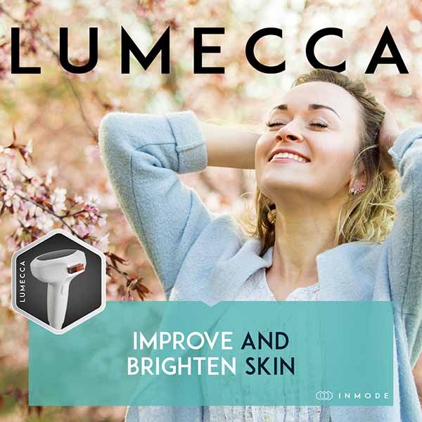 A woman is smiling with her hands behind her head and the words lumecca improve and brighten skin