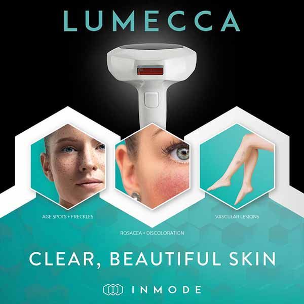 A poster for lumecca inmode that says clear beautiful skin