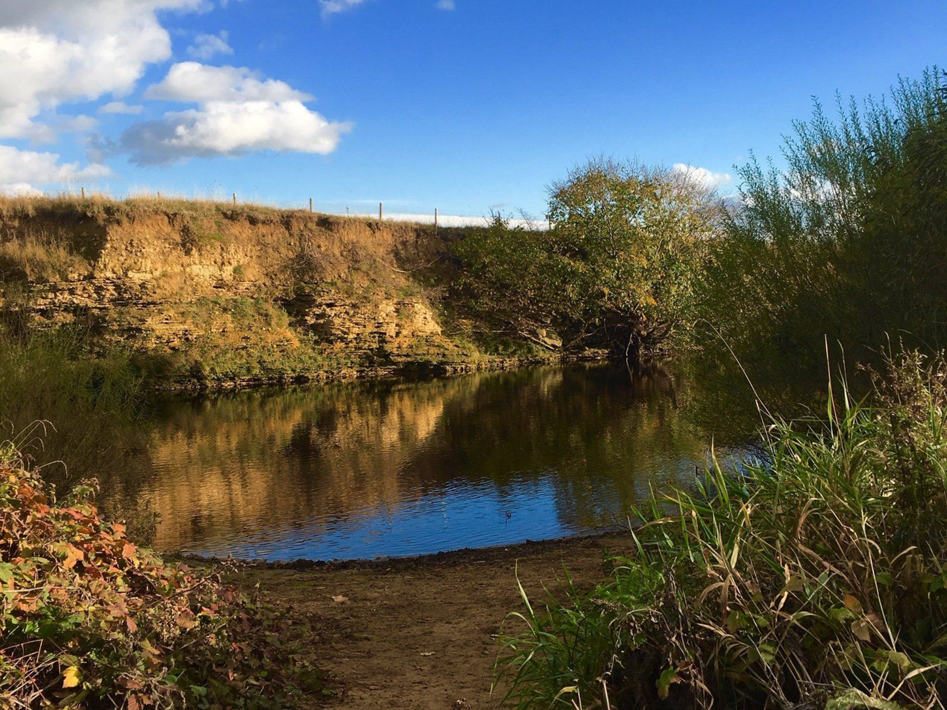 Calm water reflects a blue sky and trees on a sunny day. Brown bank on left.