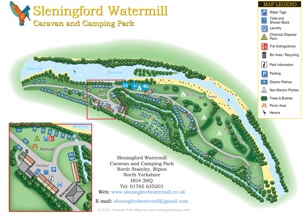 Map of Sleningford Watermill Caravan and Camping Park, including facilities and river.