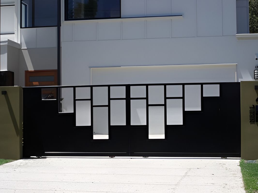 A Black Automatic Custom Made Gate — Aliweld Fabrications In Caloundra, QLD