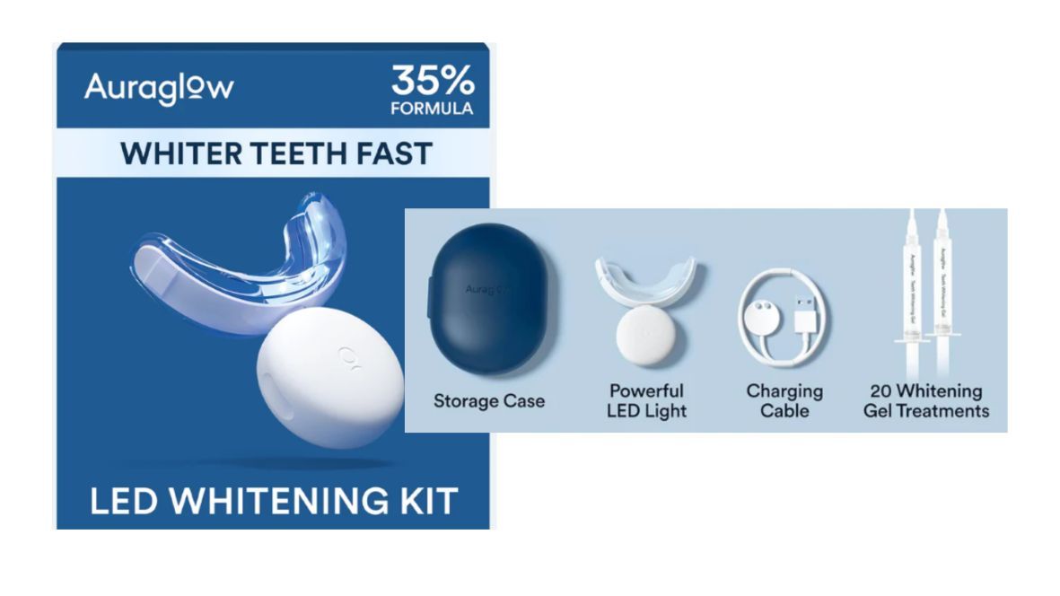 Auraglow LED teeth whitening kit with mouth tray, LED light, storage case, charging cable, and whitening gel syringes for at-home teeth whitening.