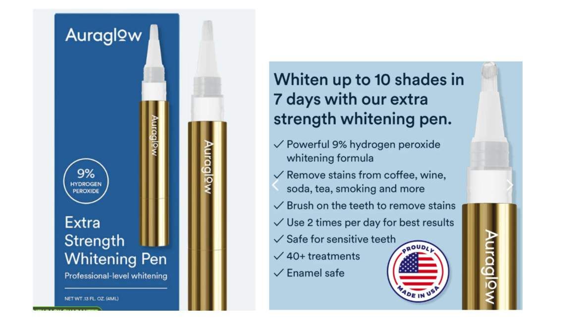 Auraglow Extra Strength Whitening Pen featuring a professional blue box and two gold-and-white applicator pens.