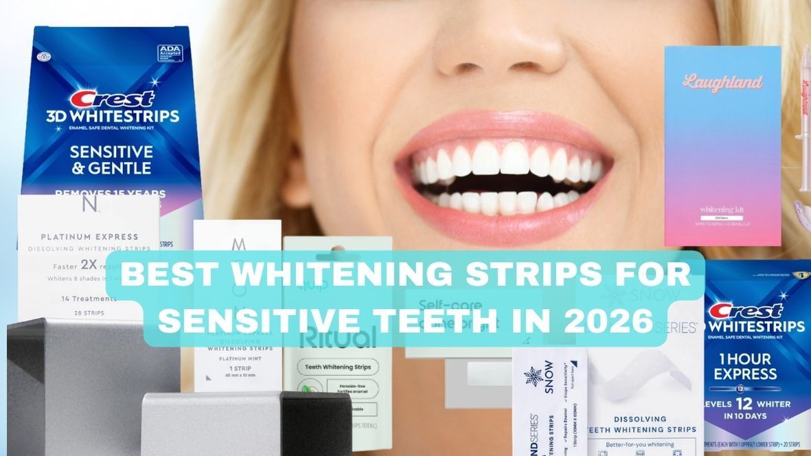A collage of 2026's top teeth whitening products, including Crest, Moon, Quip, and Snow, surrounding