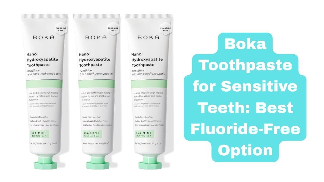 Three tubes of Boka Nano-Hydroxyapatite Toothpaste in Ela Mint flavor. The image includes a teal text overlay identifying it as 