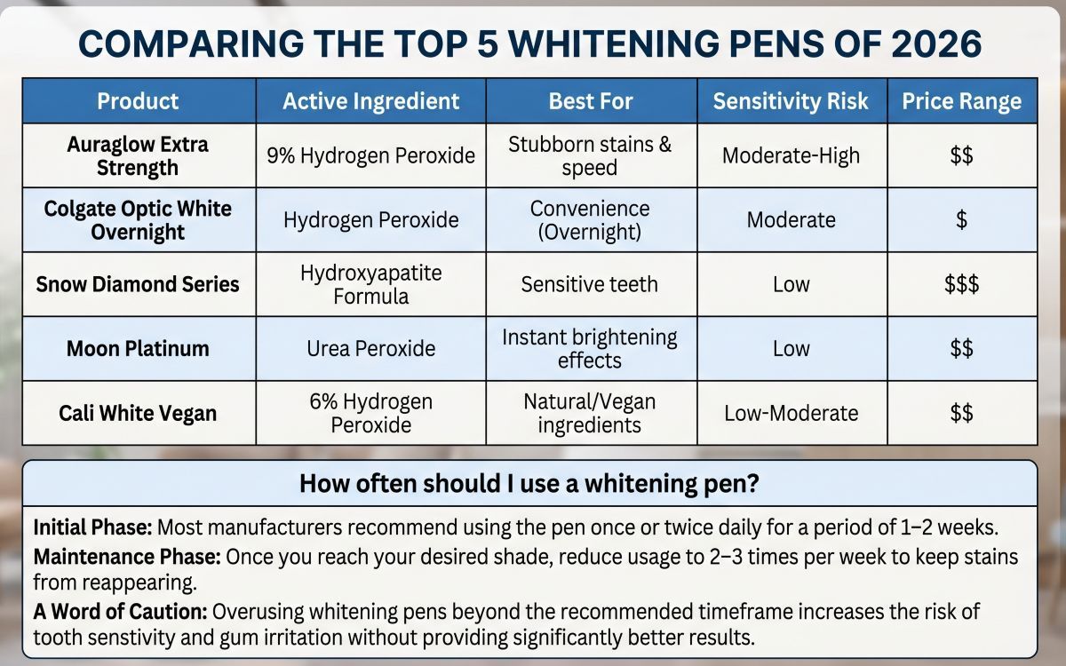 Comparison Table Top 5 Whitening Pens 2026