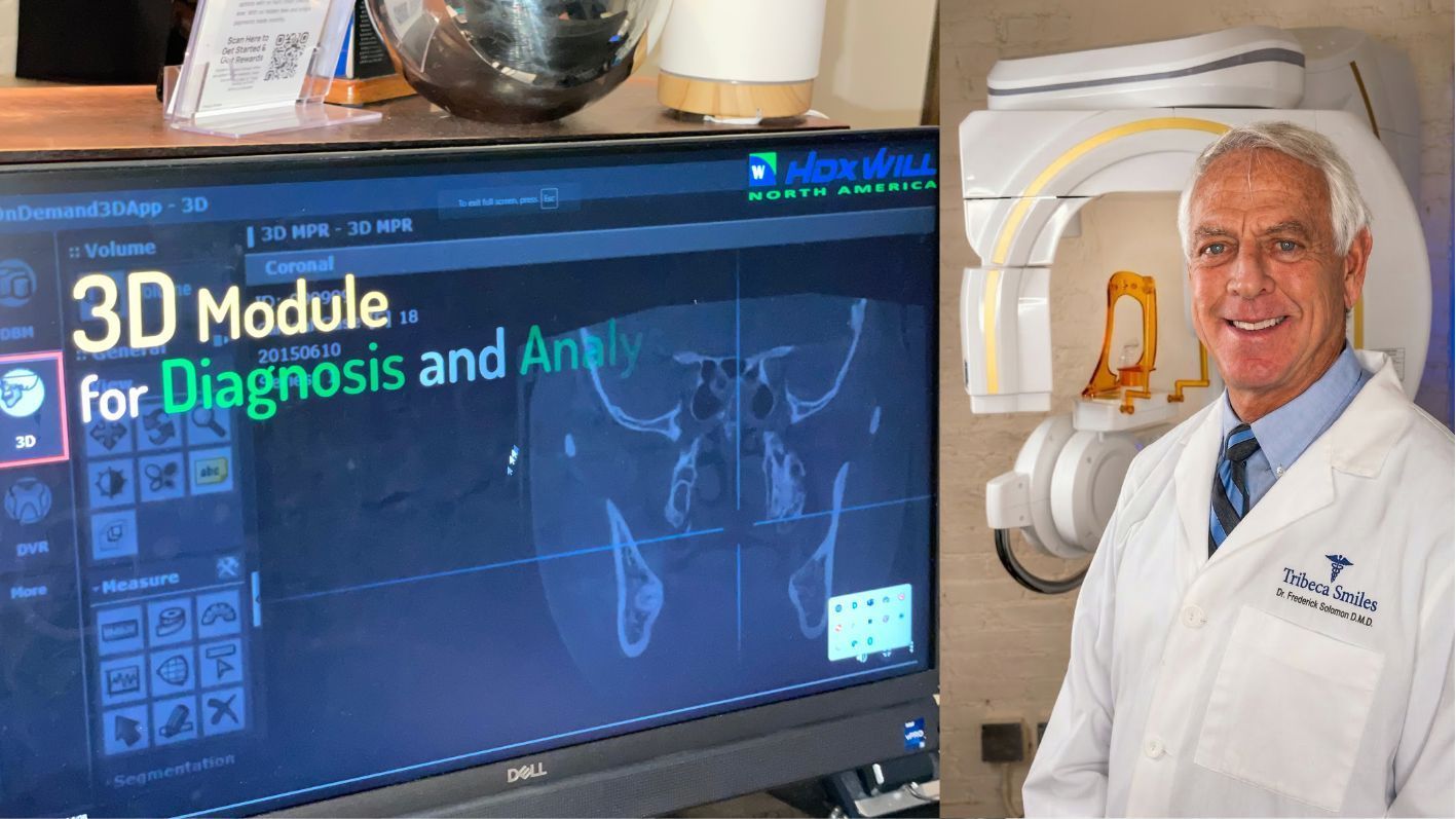 A composite image featuring a high-tech 3D dental imaging module on a computer monitor alongside a professional portrait of Dr. Frederick Solomon, D.M.D., of Tribeca Smiles, standing in front of advanced dental diagnostic equipment.
