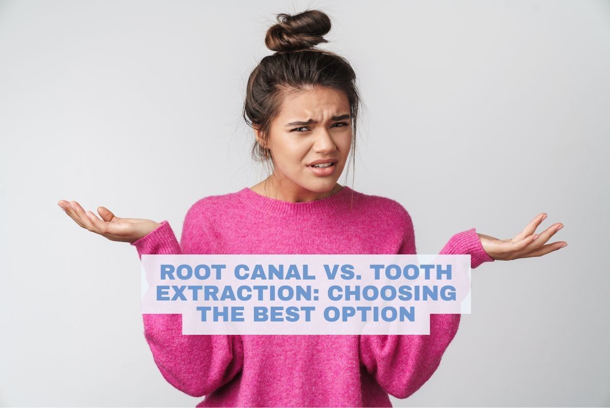 A woman with confused expression on her face deates between tooth extraction and root canal