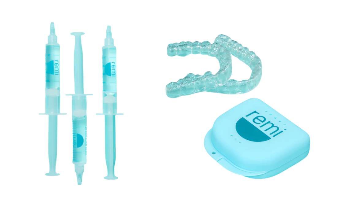 Remi custom teeth whitening kit with gel syringes, clear dental trays, and storage case for at-home teeth whitening.