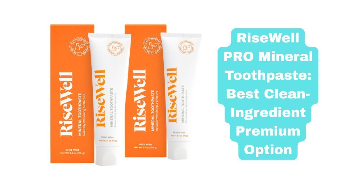 Two white tubes and two orange boxes of RiseWell PRO Mineral Toothpaste powered by Hydroxyapatite. The image features teal text calling it the 