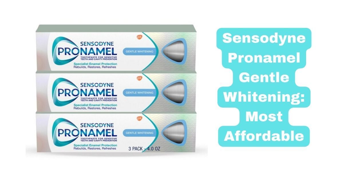 A three-pack of Sensodyne Pronamel Gentle Whitening toothpaste boxes. A teal graphic on the right labels this as the 