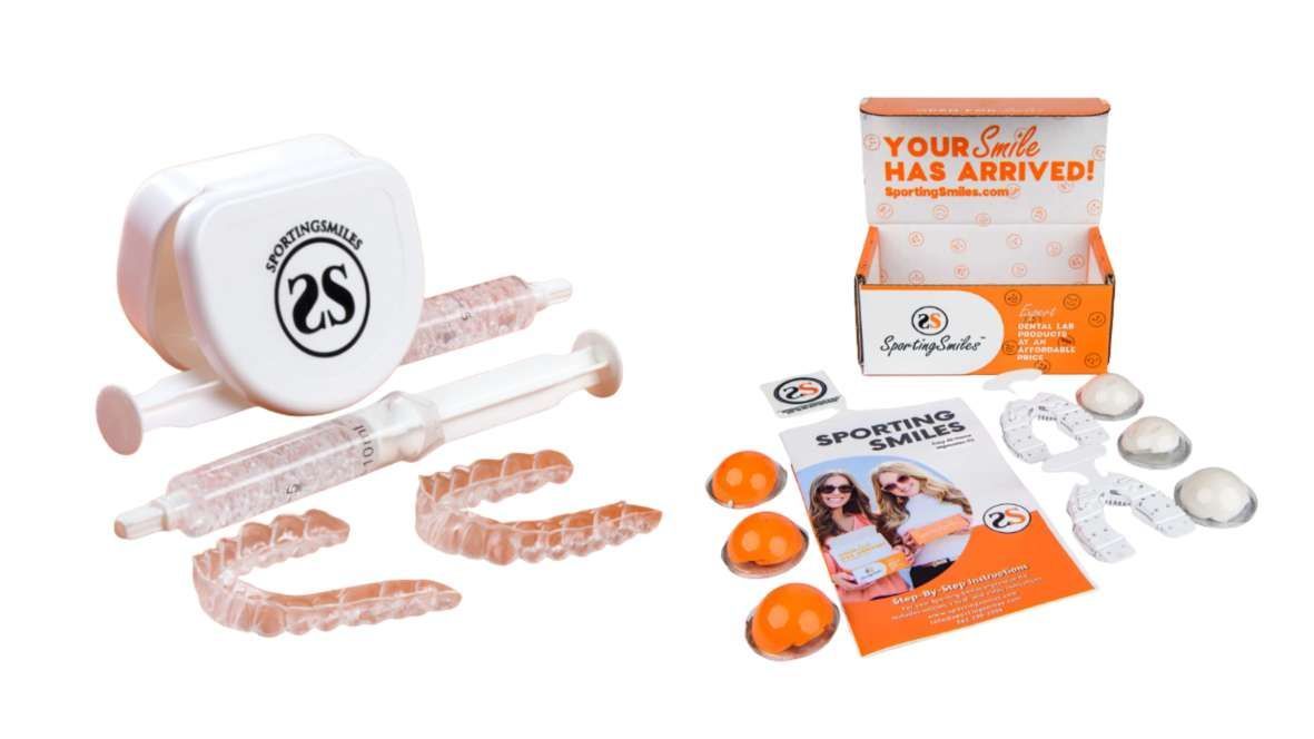 SportingSmiles custom teeth whitening kit with dental trays, whitening gel syringes, and packaging, showing an at-home teeth whitening system.