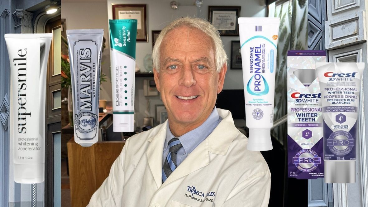Dr. Solomon of Tribeca Smiles with a compoite design of  the best premium whitening toothpaste s