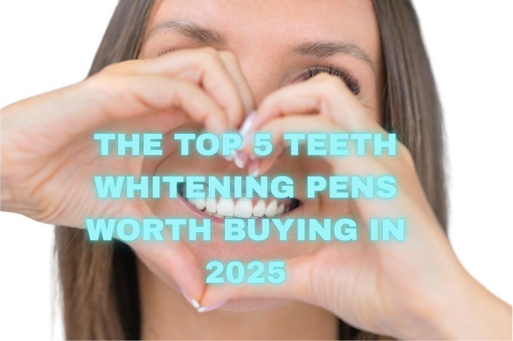 Top 5 Teeth Whitening Pens text on photo white smile 