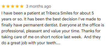 Tribeca Smiles Five Star Google Review from Sarah