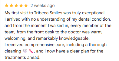 Tribeca Smiles Five Star Google Review from Alvin