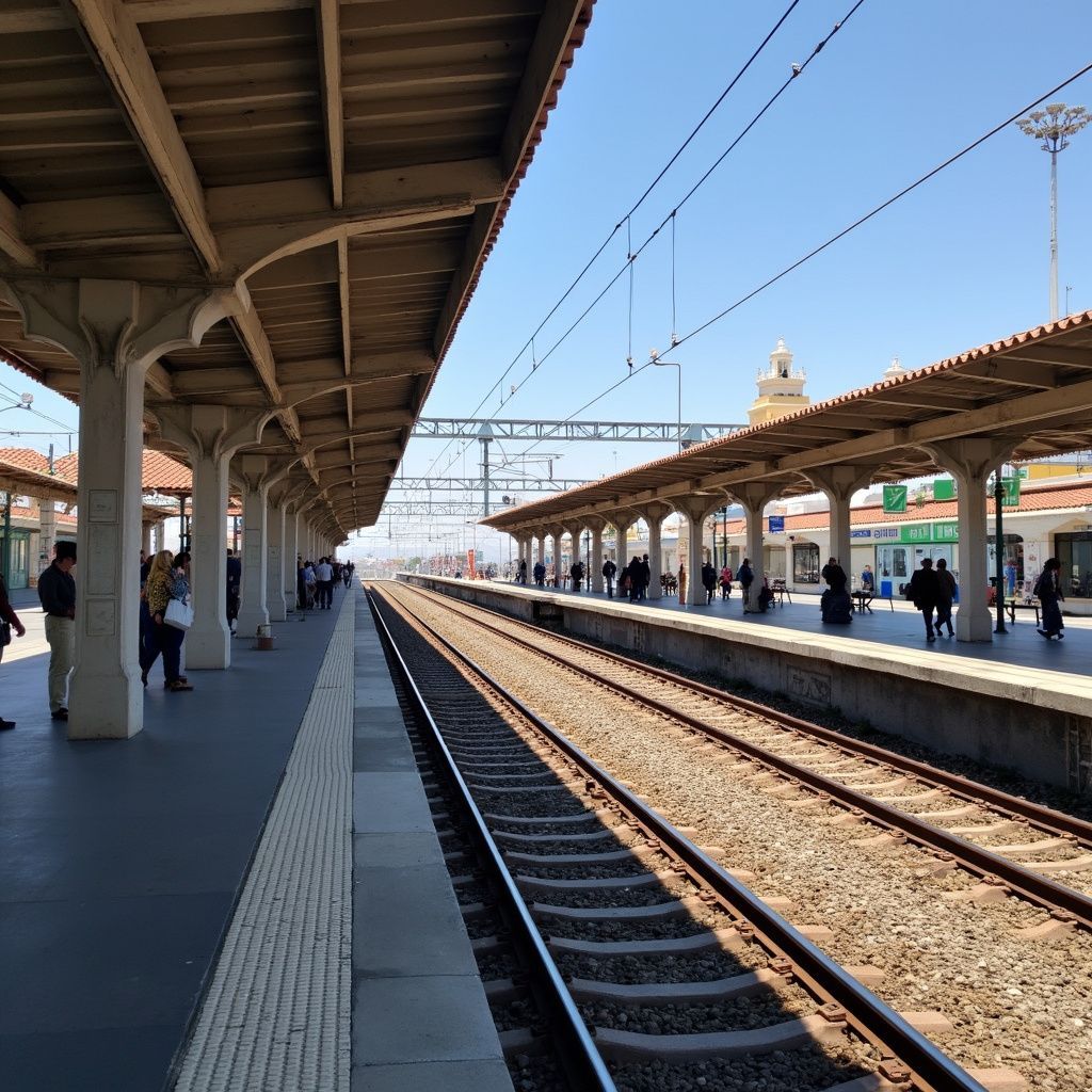 Andén de la estación de tren con vías, marquesinas y pasajeros esperando bajo un cielo azul.