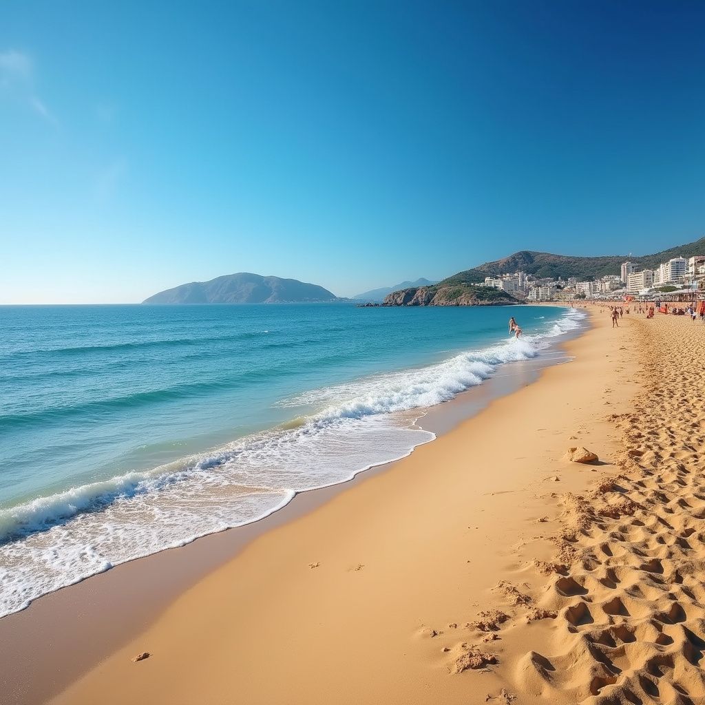 Playa de arena con agua turquesa, cielo azul y una montaña al fondo.