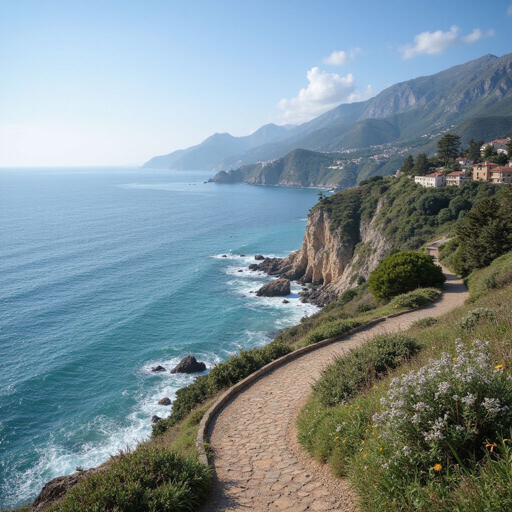 Sendero costero que serpentea a lo largo de acantilados con vistas a un mar turquesa; montañas al fondo.