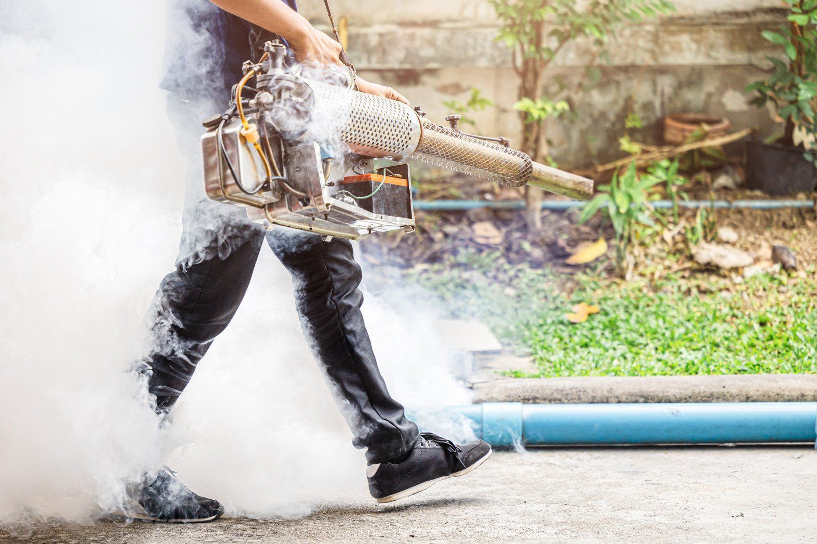 Person using a fogging machine outdoors, surrounded by white smoke.