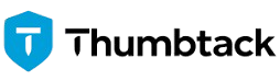 Thumbtack logo: blue shield with white 