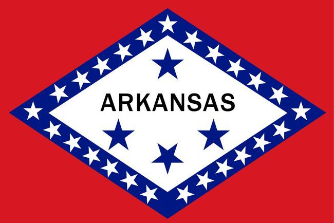 Arkansas state flag: red background, white diamond with