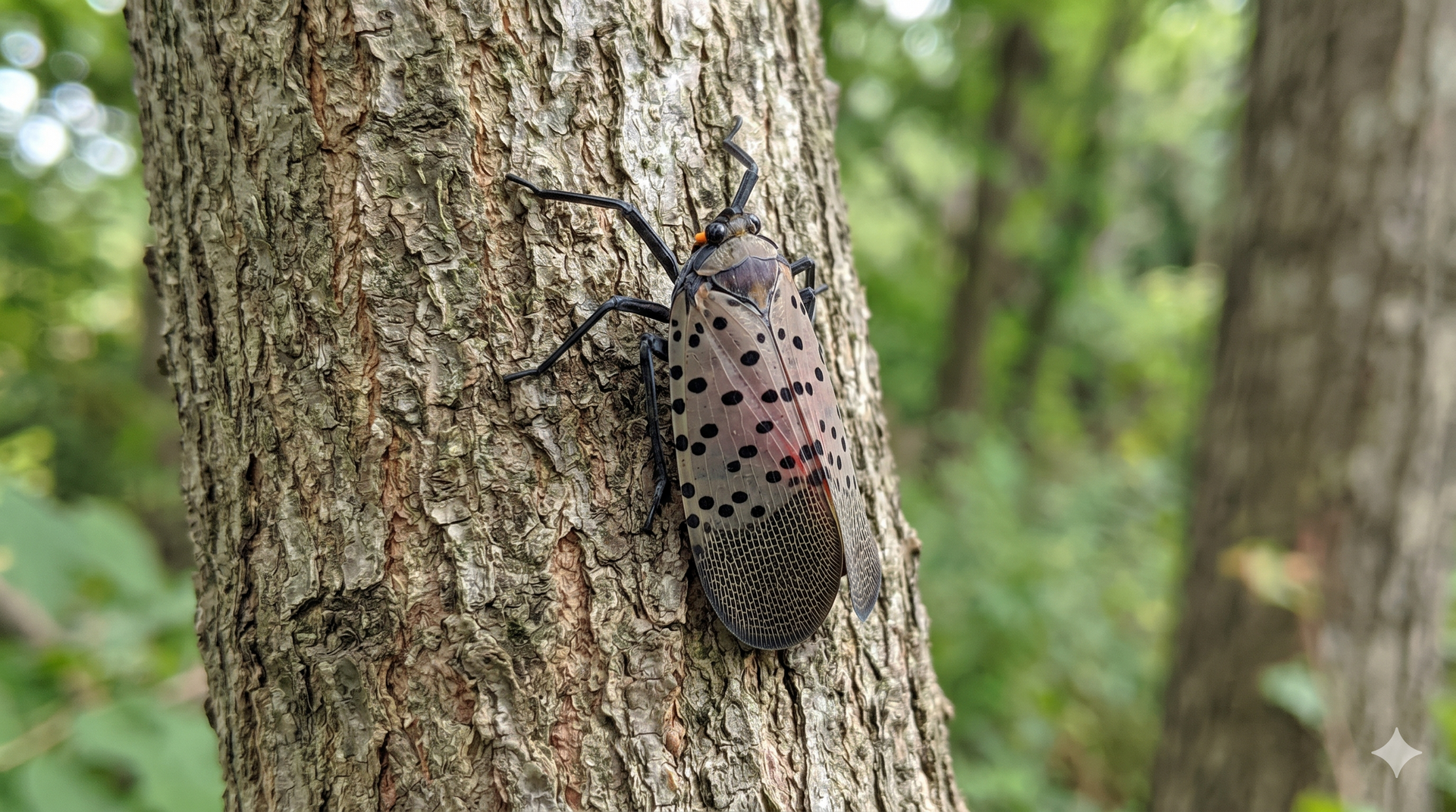 Spotted lanternfly on a tree trunk in a wooded area