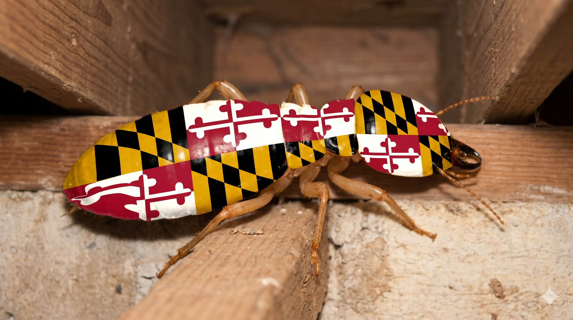 A colorful snake with red, yellow, and black pattern lies on wooden planks in a box.