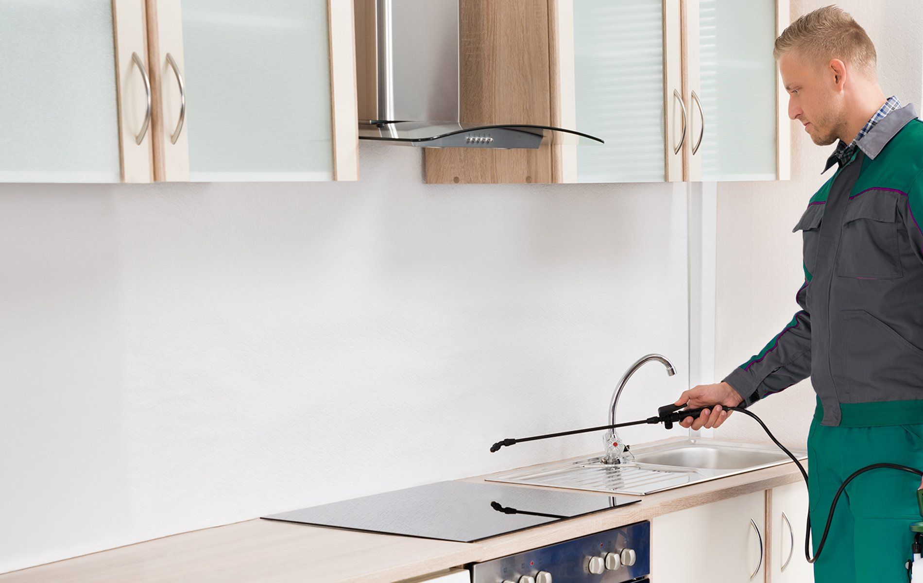 exterminator spraying kitchen for roaches.