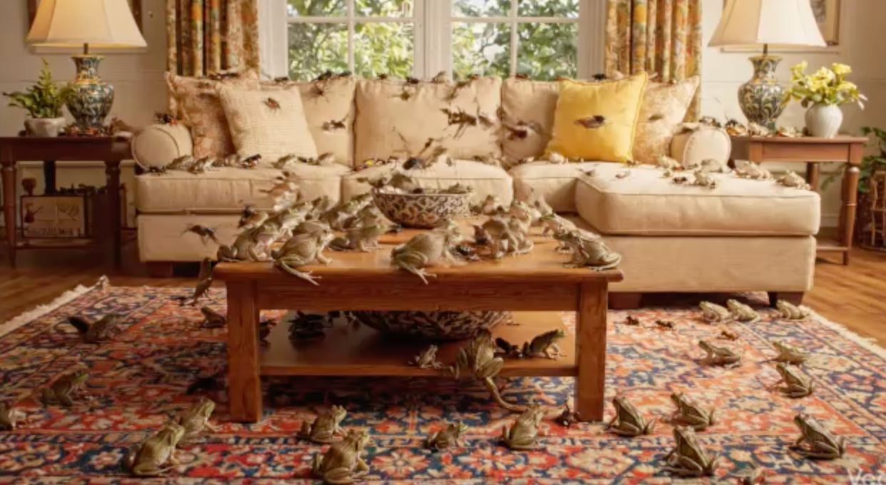 Cozy living room with a beige sofa, floral rug, wooden coffee table, and warm lamp lighting