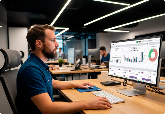 Um homem está sentado em uma mesa em frente a um monitor de computador.