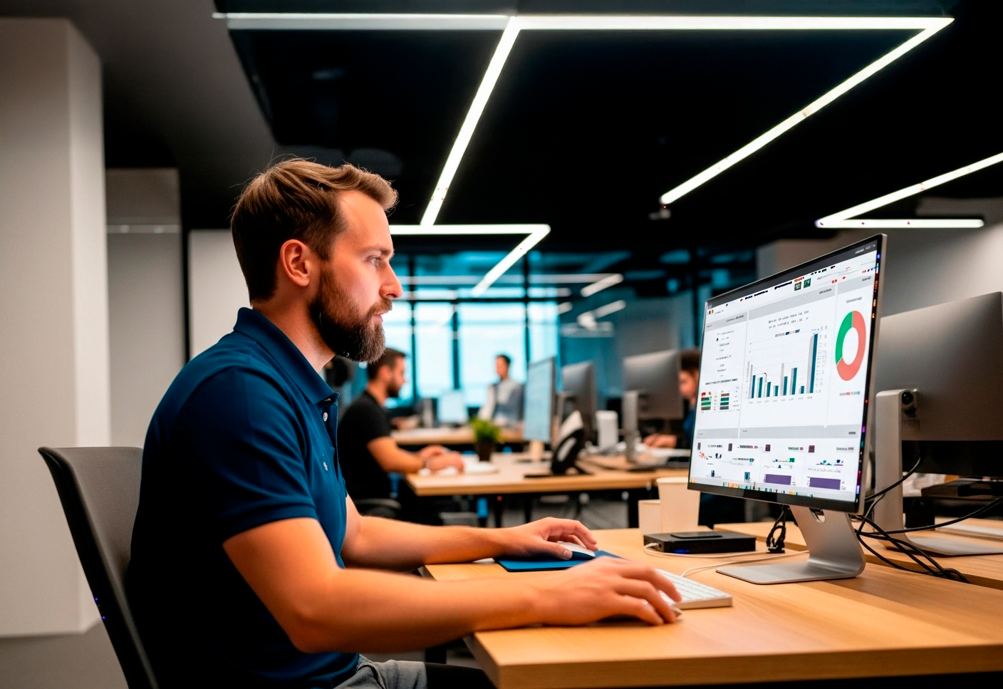 Um homem está sentado em uma mesa em frente a um monitor de computador.